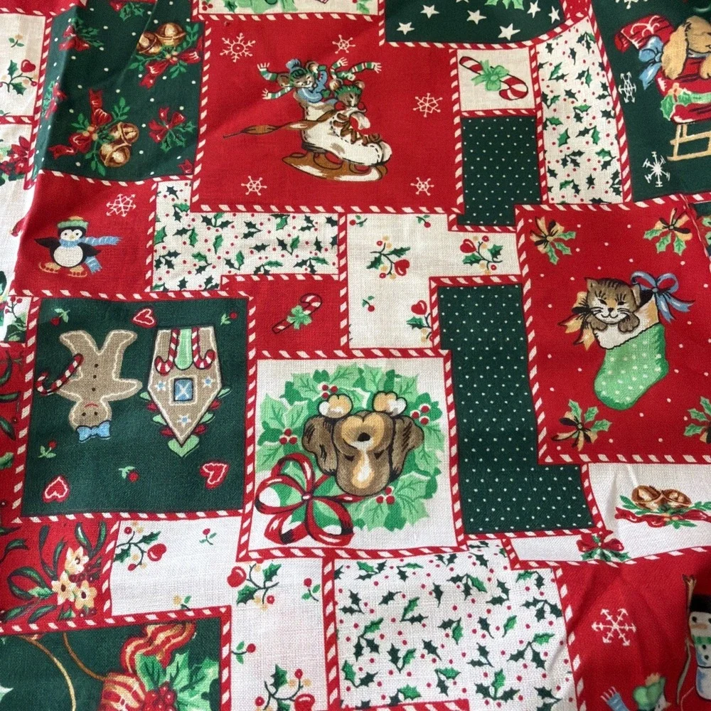 Vintage 4 Yds Wamsutta Hallmark Cards Christmas Patchwork Cotton Puppies, Kitty